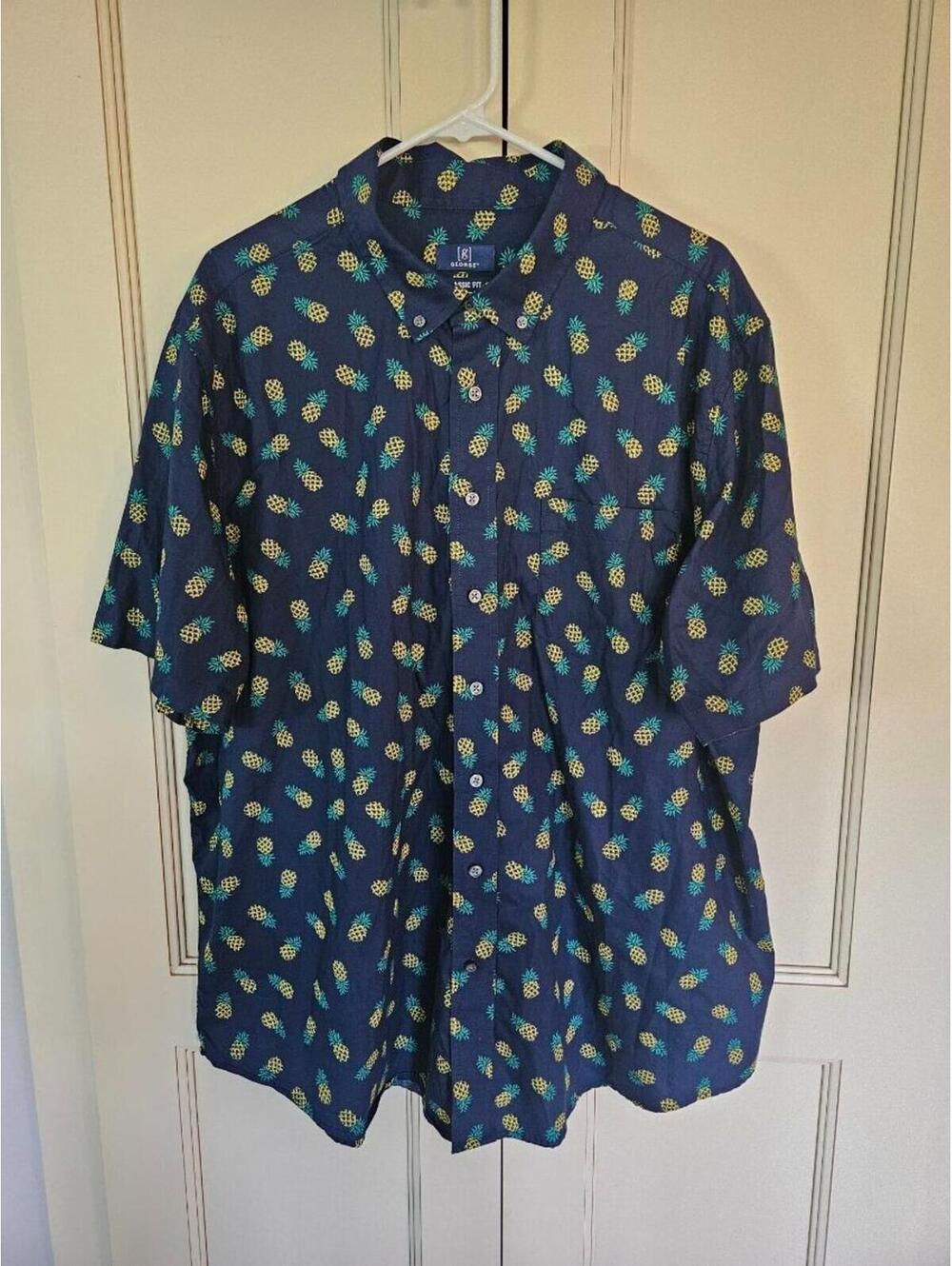 George Men's 2XL SS Button Up Tropical Shirt Navy w/Pineapples Cruisewear